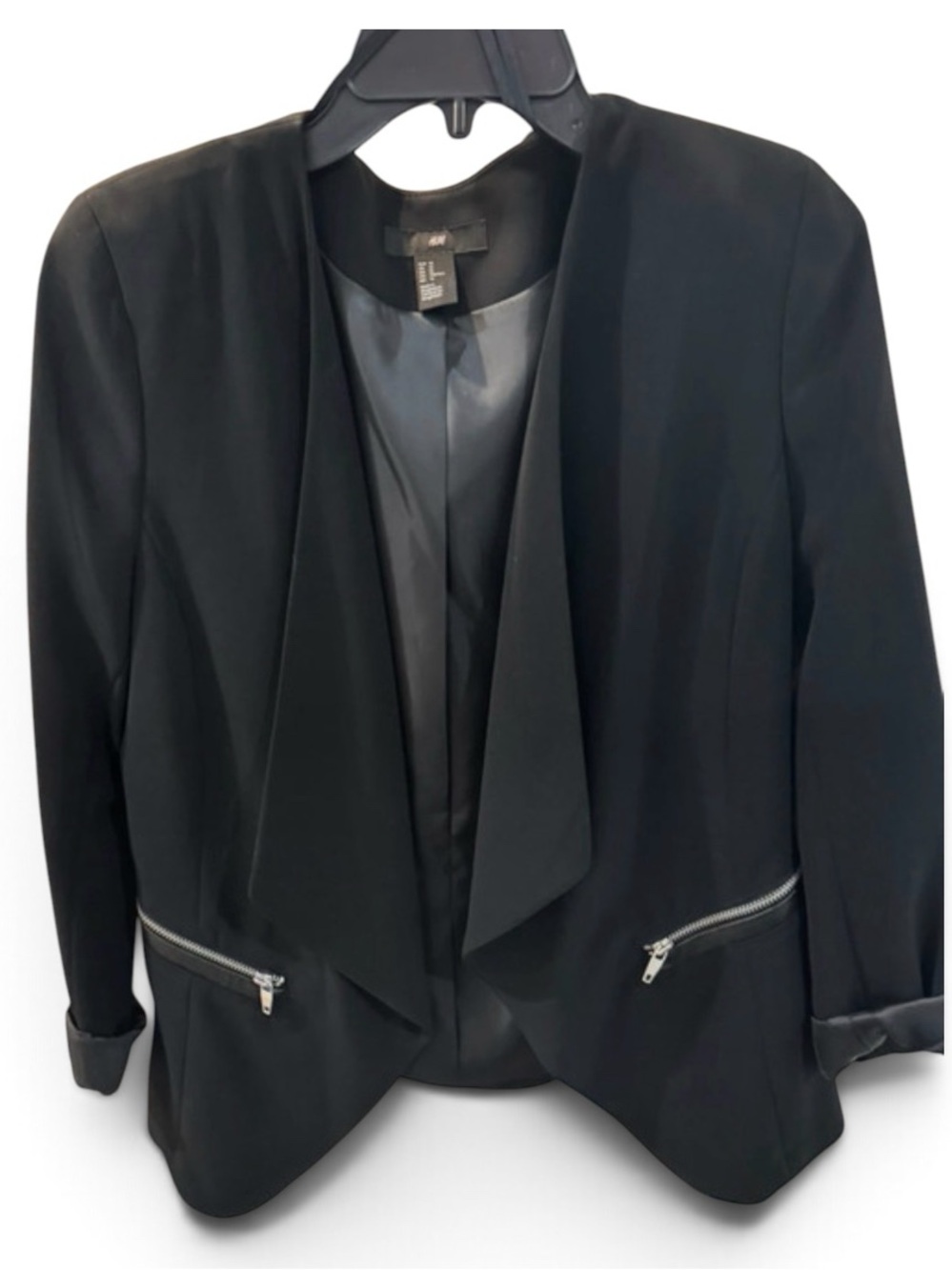 H&M Black Draped Open-Front Blazer with Silver Zippers
